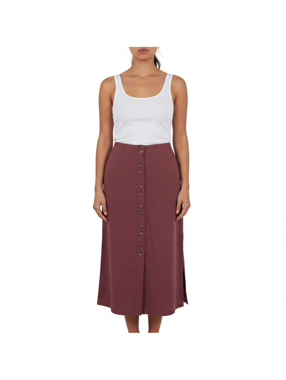 VERO MODA Burgundy Lyocell Long Straight/Pencil Skirt M Button Front/casual